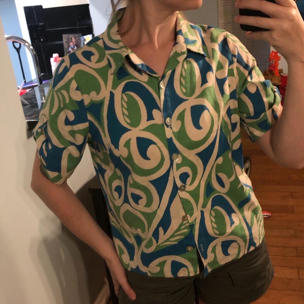Christian siriano Green and blue swirl pattern button up linen shirt